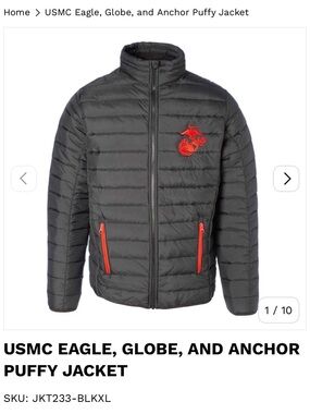 USMC Eagle Globe and Anchor Men's Black Puffy Jacket with Red Accents